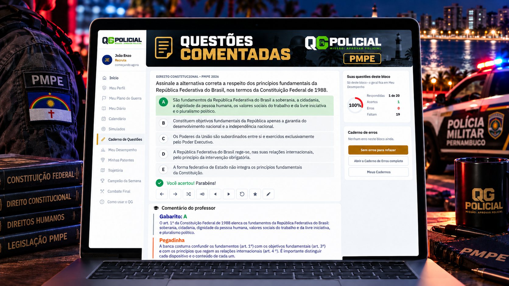Questão de Direito Constitucional da PMPE com a alternativa correta marcada, gabarito explicado e a pegadinha da banca