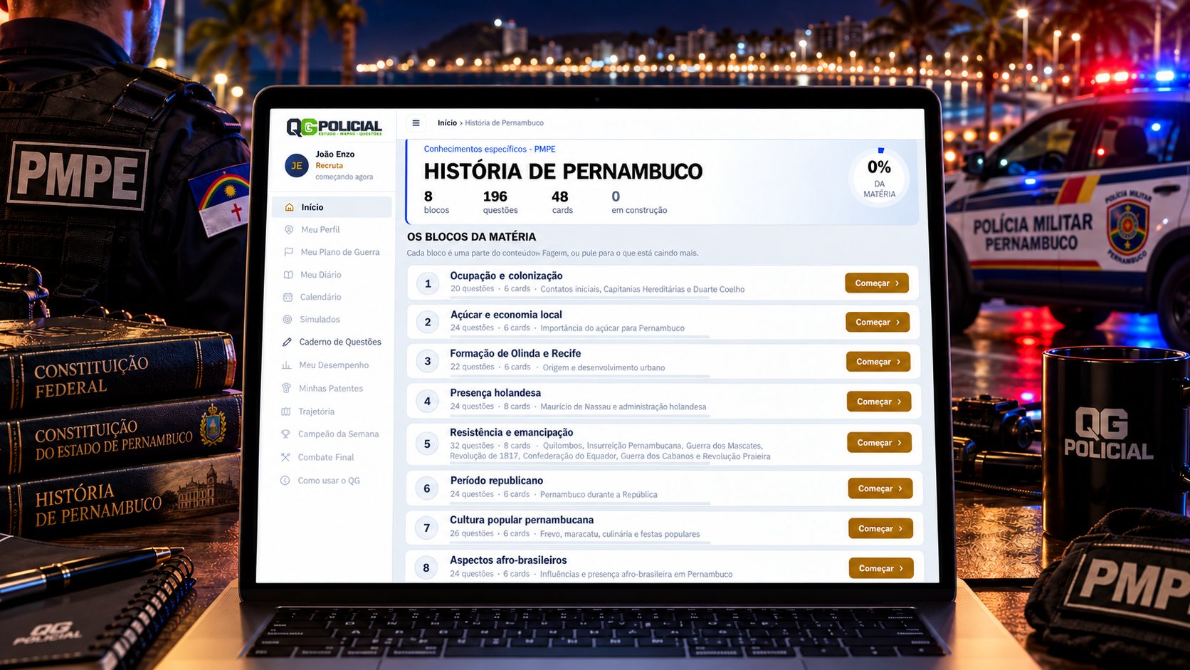 História de Pernambuco dividida em 8 blocos, de Ocupação e colonização até Aspectos afro-brasileiros
