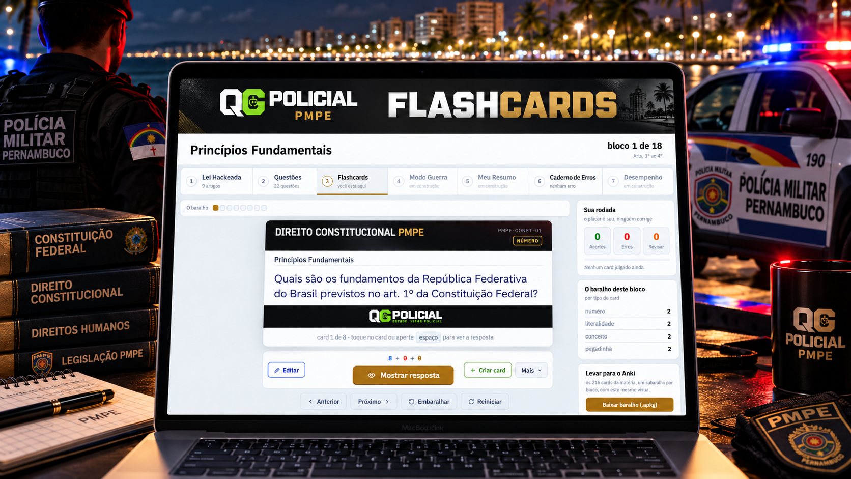 Flashcard de Direito Constitucional da PMPE sobre os fundamentos da República, com placar de acertos, erros e revisar