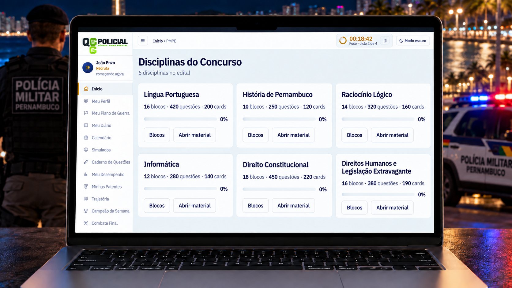 As 6 disciplinas do concurso da PMPE: Língua Portuguesa, História de Pernambuco, Raciocínio Lógico, Informática, Direito Constitucional e Direitos Humanos